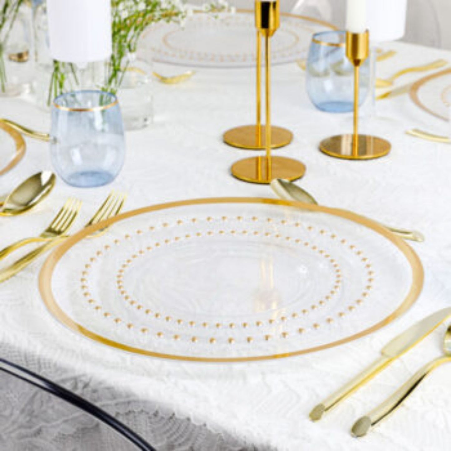 Beaded 10.25" Clear & Gold EXTRA HEAVY Weight Dinner Plates Disposable Plates Decorline