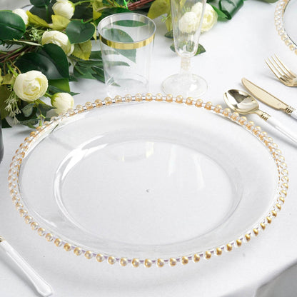 Beaded 10.25" Clear & Gold EXTRA HEAVY Weight Dinner Plates Disposable Plates Decorline