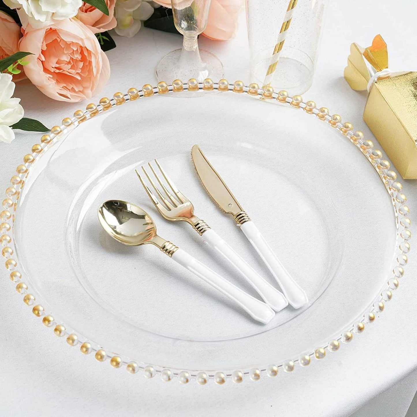 Beaded 10.25" Clear & Gold EXTRA HEAVY Weight Dinner Plates Disposable Plates Decorline