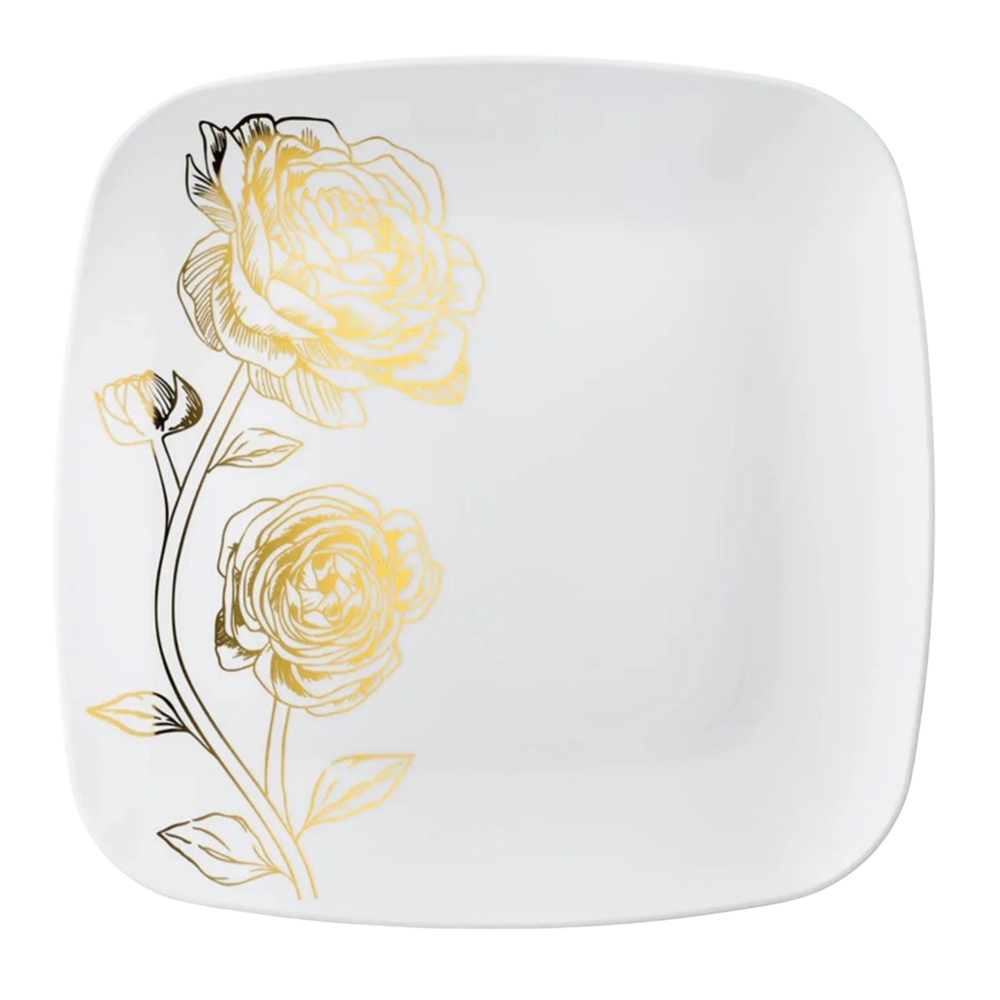 Peony 10.25" White & Gold Square Disposable Plastic Dinner Plate Disposable Plates Decorline