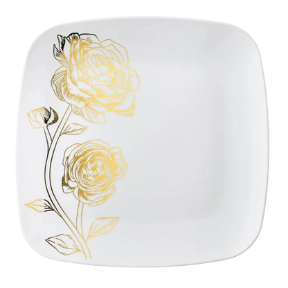 Peony 10.25" White & Gold Square Disposable Plastic Dinner Plate Disposable Plates Decorline
