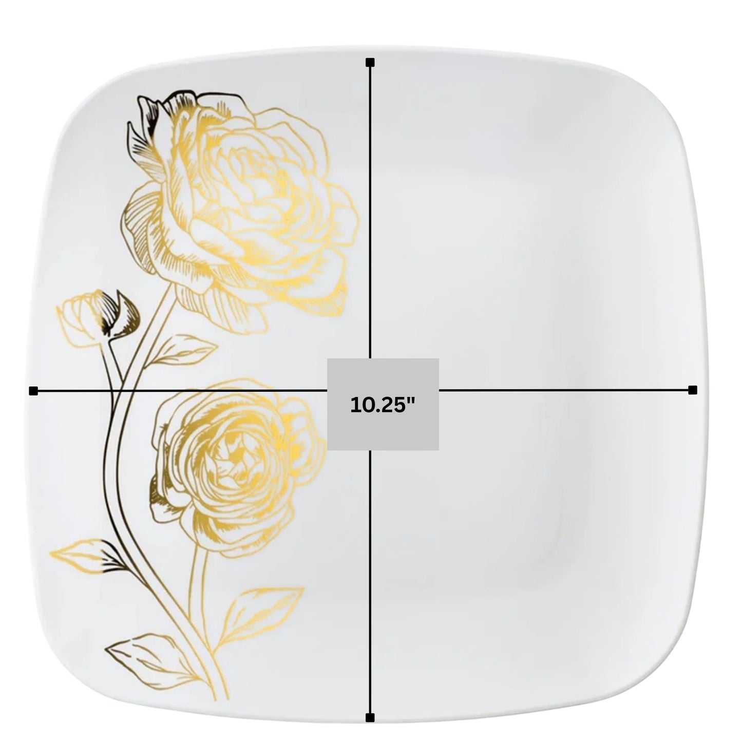 Peony 10.25" White & Gold Square Disposable Plastic Dinner Plate Disposable Plates Decorline