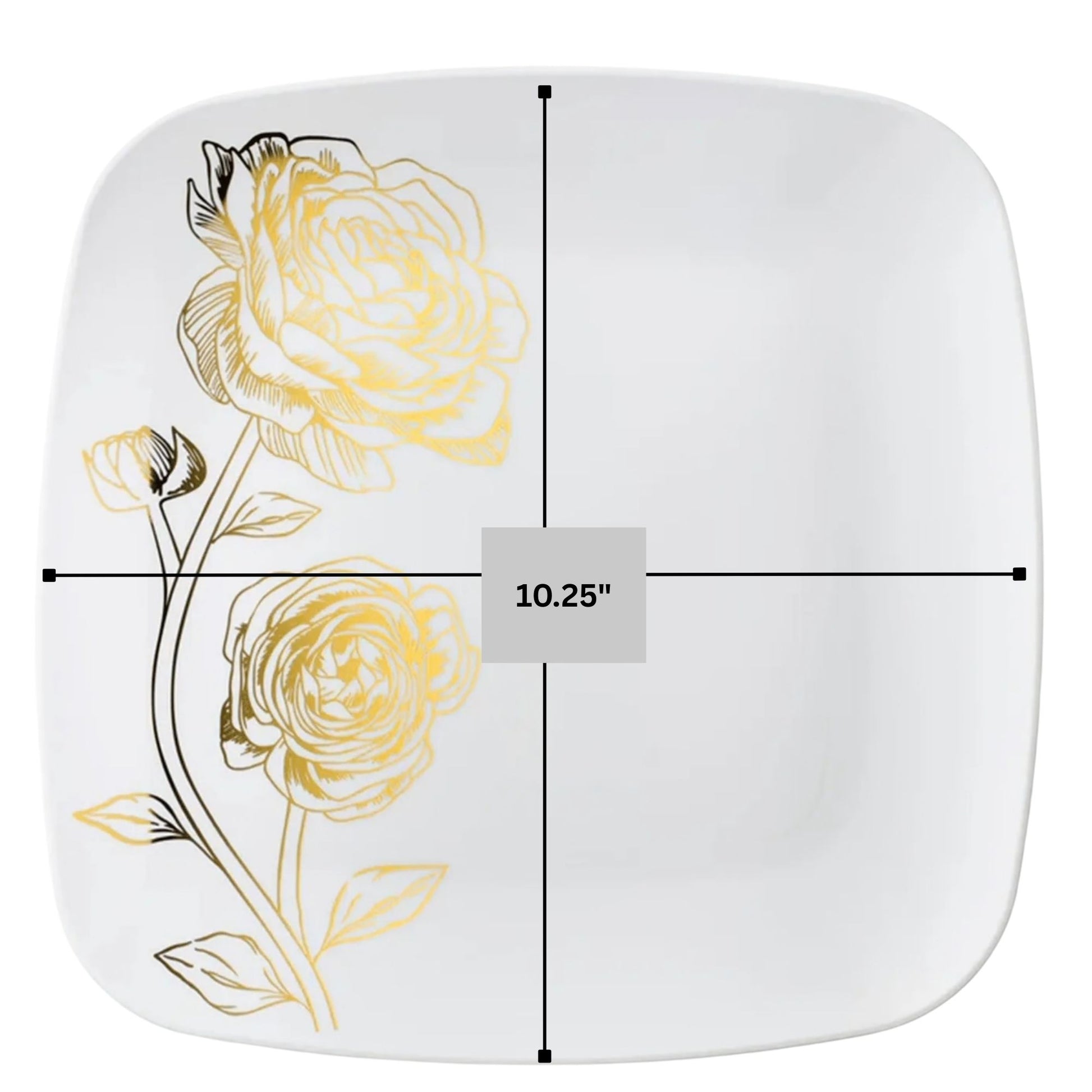 Peony 10.25" White & Gold Square Disposable Plastic Dinner Plate Disposable Plates Decorline