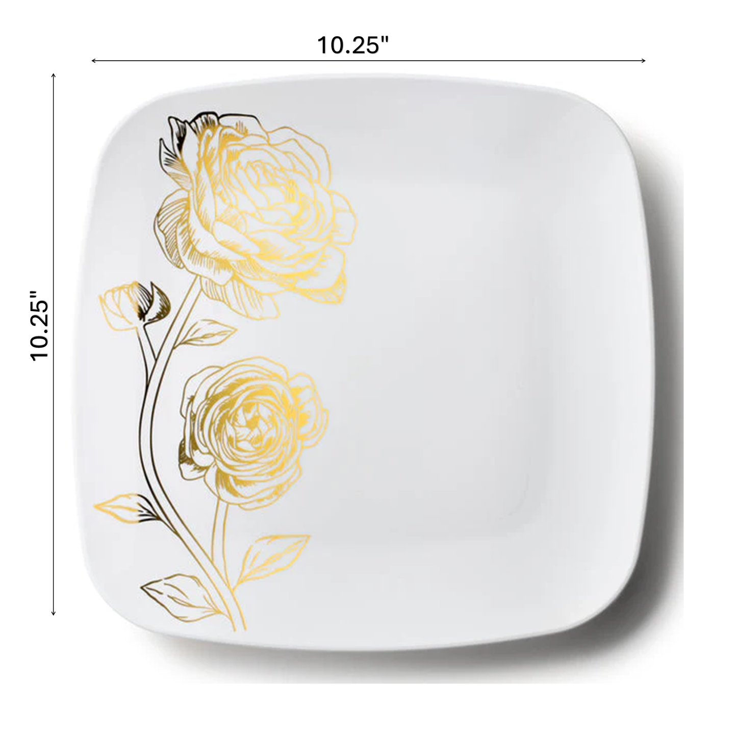 White and Gold Square Plastic Plates 10.25"- Peony Decorline