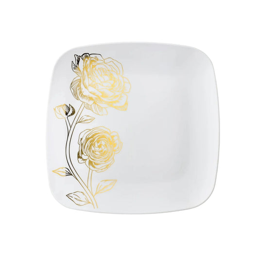 Peony 7.25" White & Gold Square Disposable Plastic Dessert Plate Decorline