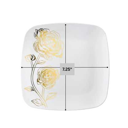 Peony 7.25" White & Gold Square Disposable Plastic Dessert Plate Decorline