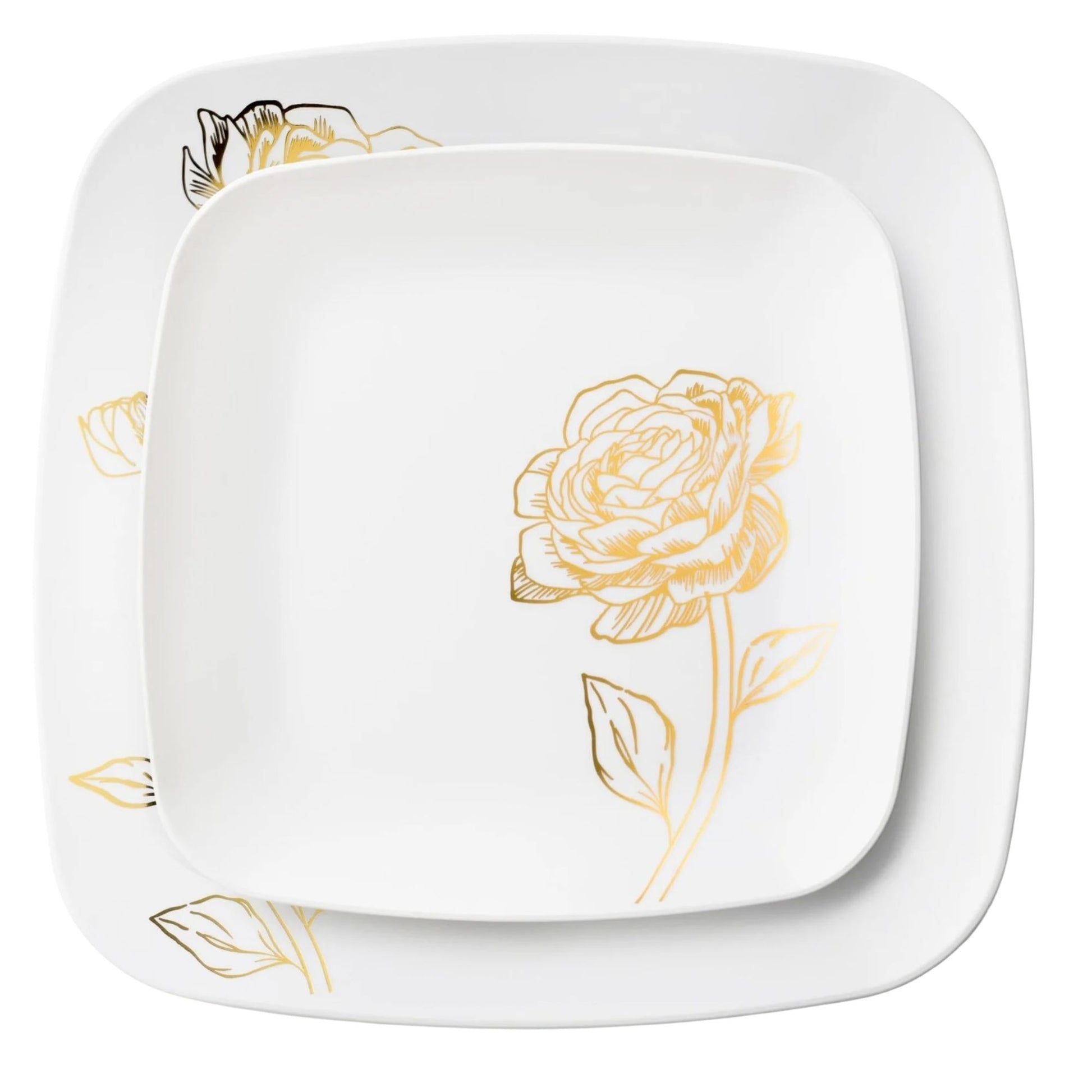 10.25"&7.25" White and Gold Square Disposable Plastic Plates COMBO Set-Peony Combo Disposable Plates Decorline