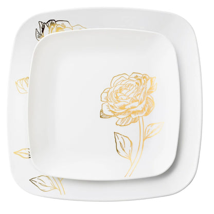10.25"&7.25" White and Gold Square Disposable Plastic Plates COMBO Set-Peony Combo Disposable Plates Decorline