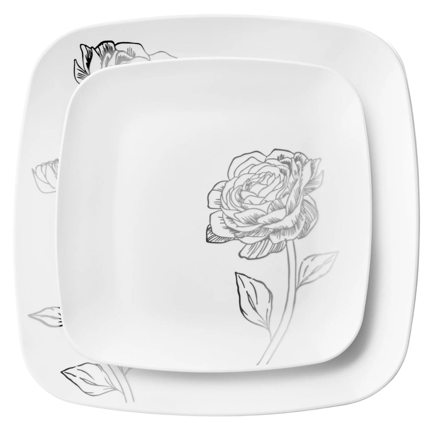 10.25"&7.25" White and Silver Square Disposable Plastic Plates COMBO Set-Peony Combo Disposable Plates Decorline