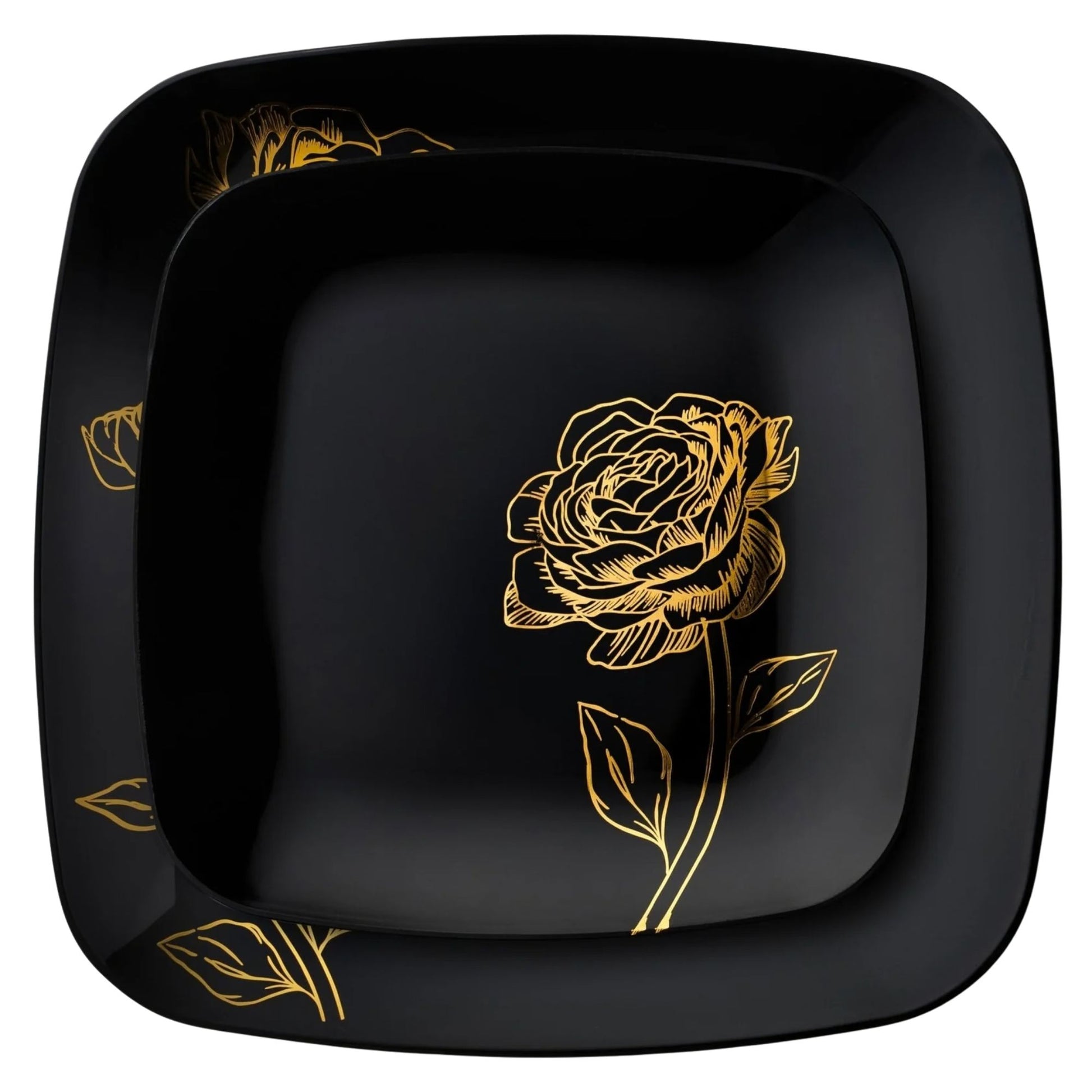 10.25"&7.25" Black and Gold Square Disposable Plastic Plates COMBO Set-Peony Combo Disposable Plates Decorline