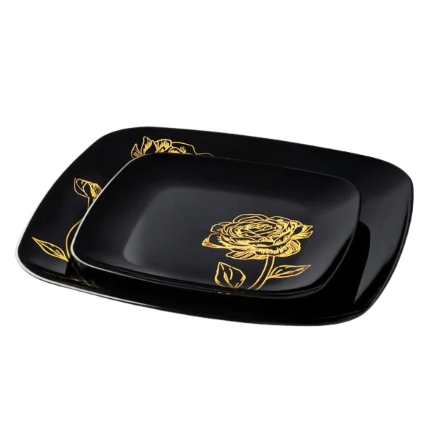 10.25"&7.25" Black and Gold Square Disposable Plastic Plates COMBO Set-Peony Combo Disposable Plates Decorline