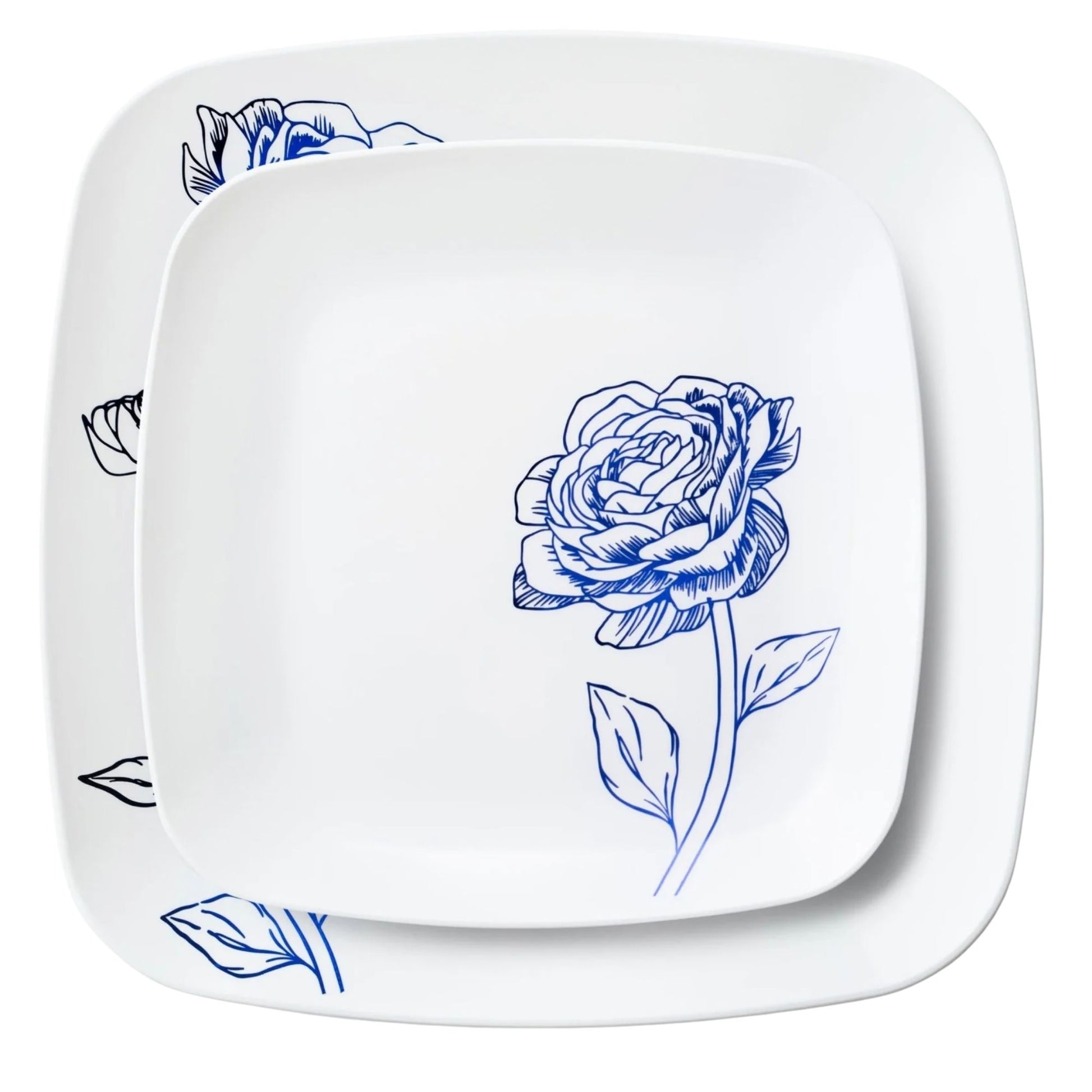 10.25"&7.25" White and Blue Square Disposable Plastic Plates COMBO Set-Peony Combo Disposable Plates Decorline