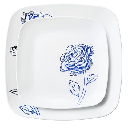 10.25"&7.25" White and Blue Square Disposable Plastic Plates COMBO Set-Peony Combo Disposable Plates Decorline