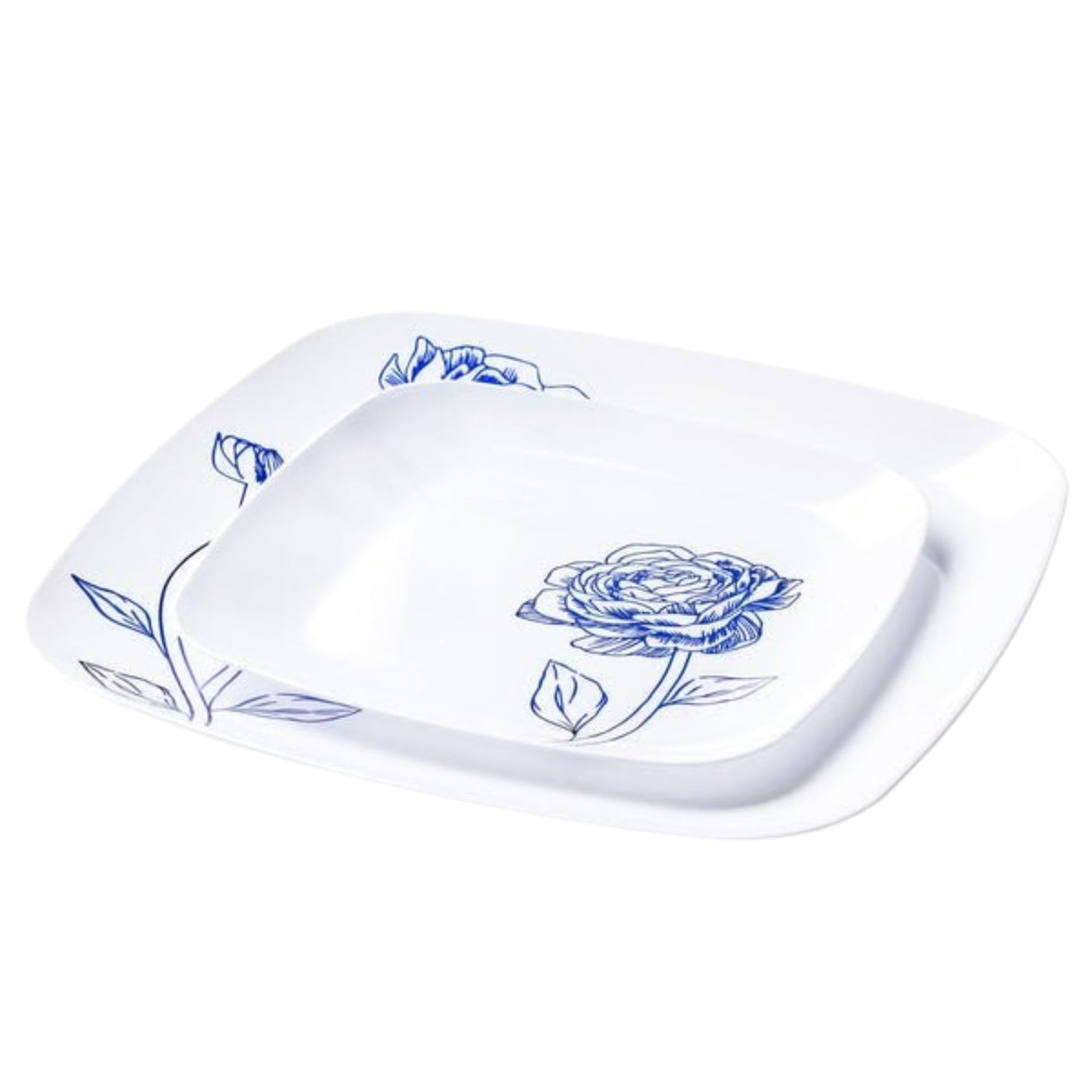 10.25"&7.25" White and Blue Square Disposable Plastic Plates COMBO Set-Peony Combo Disposable Plates Decorline