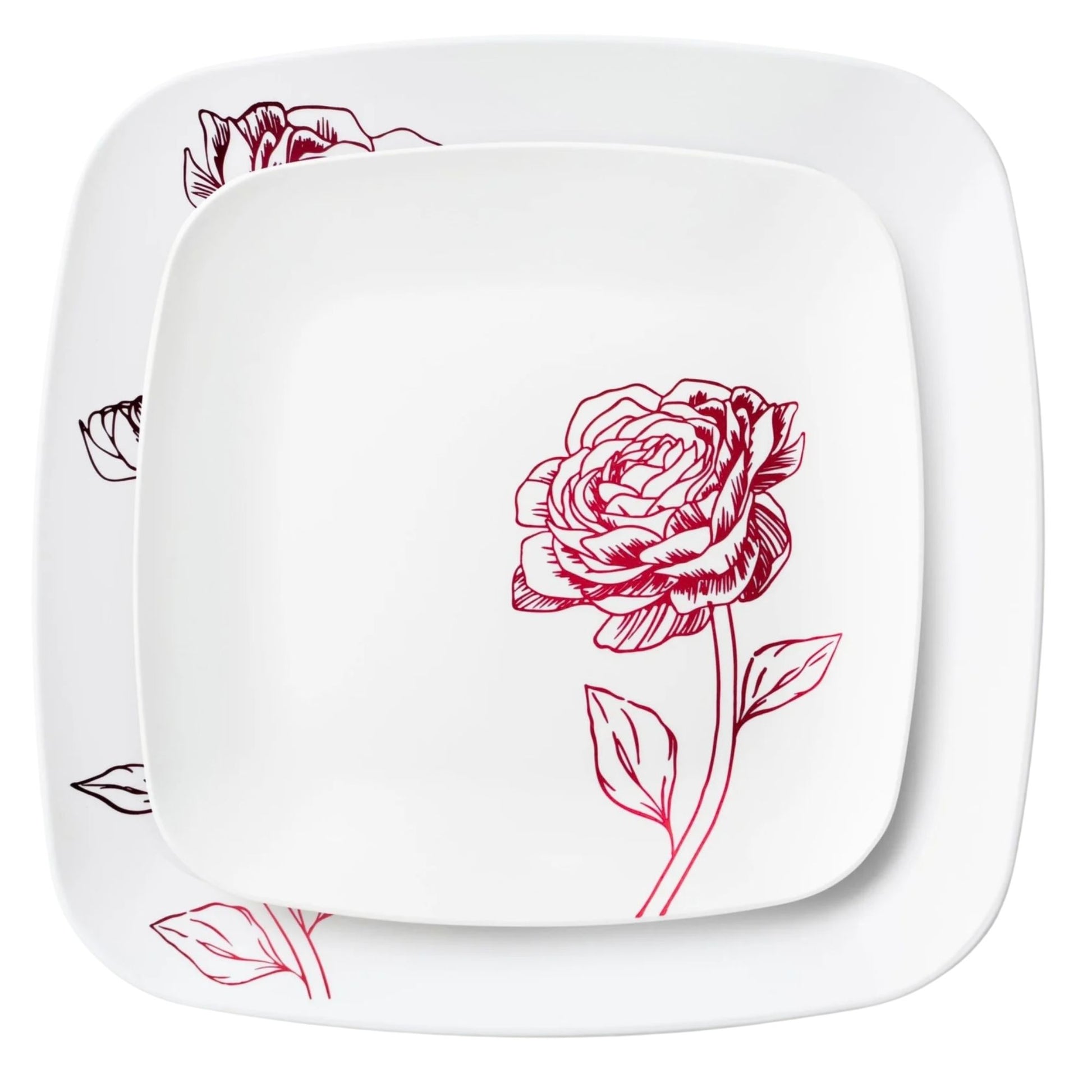10.25"&7.25" White and Burgundy Square Disposable Plastic Plates COMBO Set-Peony Combo Disposable Plates Decorline