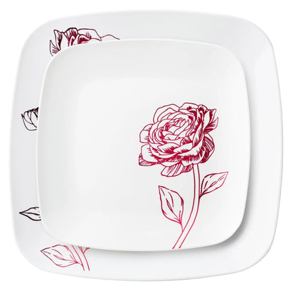10.25"&7.25" White and Burgundy Square Disposable Plastic Plates COMBO Set-Peony Combo Disposable Plates Decorline