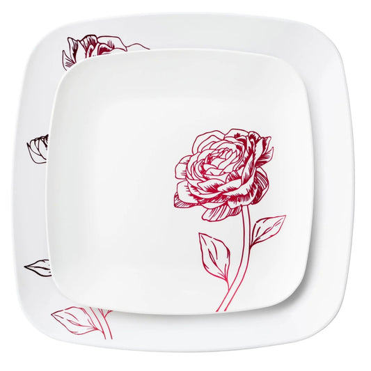 10.25"&7.25" White and Burgundy Square Disposable Plastic Plates COMBO Set-Peony Combo Disposable Plates Decorline