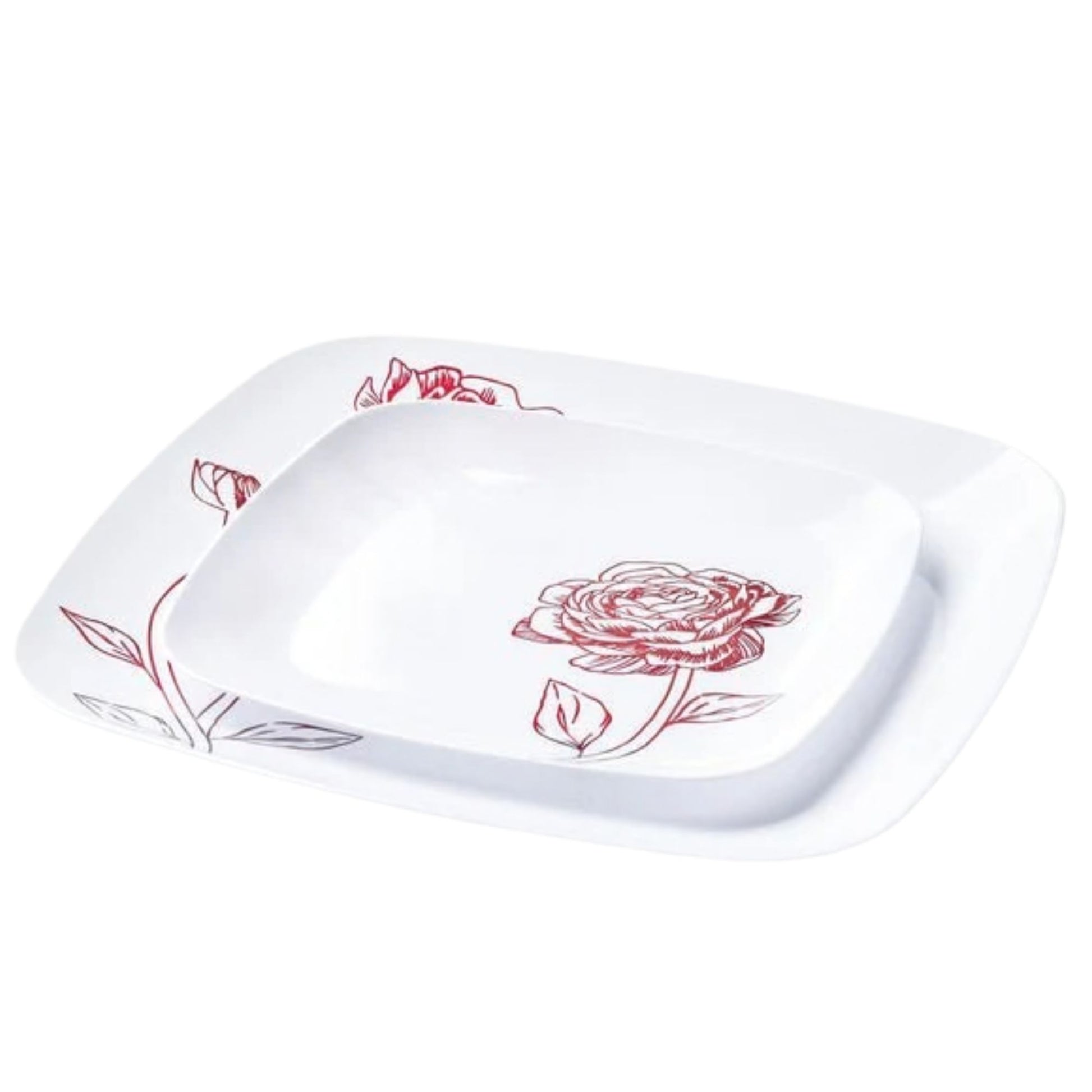 10.25"&7.25" White and Burgundy Square Disposable Plastic Plates COMBO Set-Peony Combo Disposable Plates Decorline