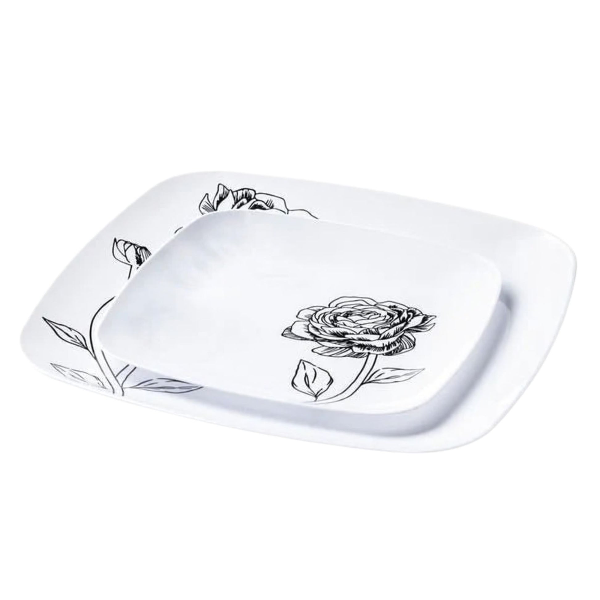 10.25"&7.25" White and Black Square Disposable Plastic Plates COMBO Set-Peony Combo Disposable Plates Decorline