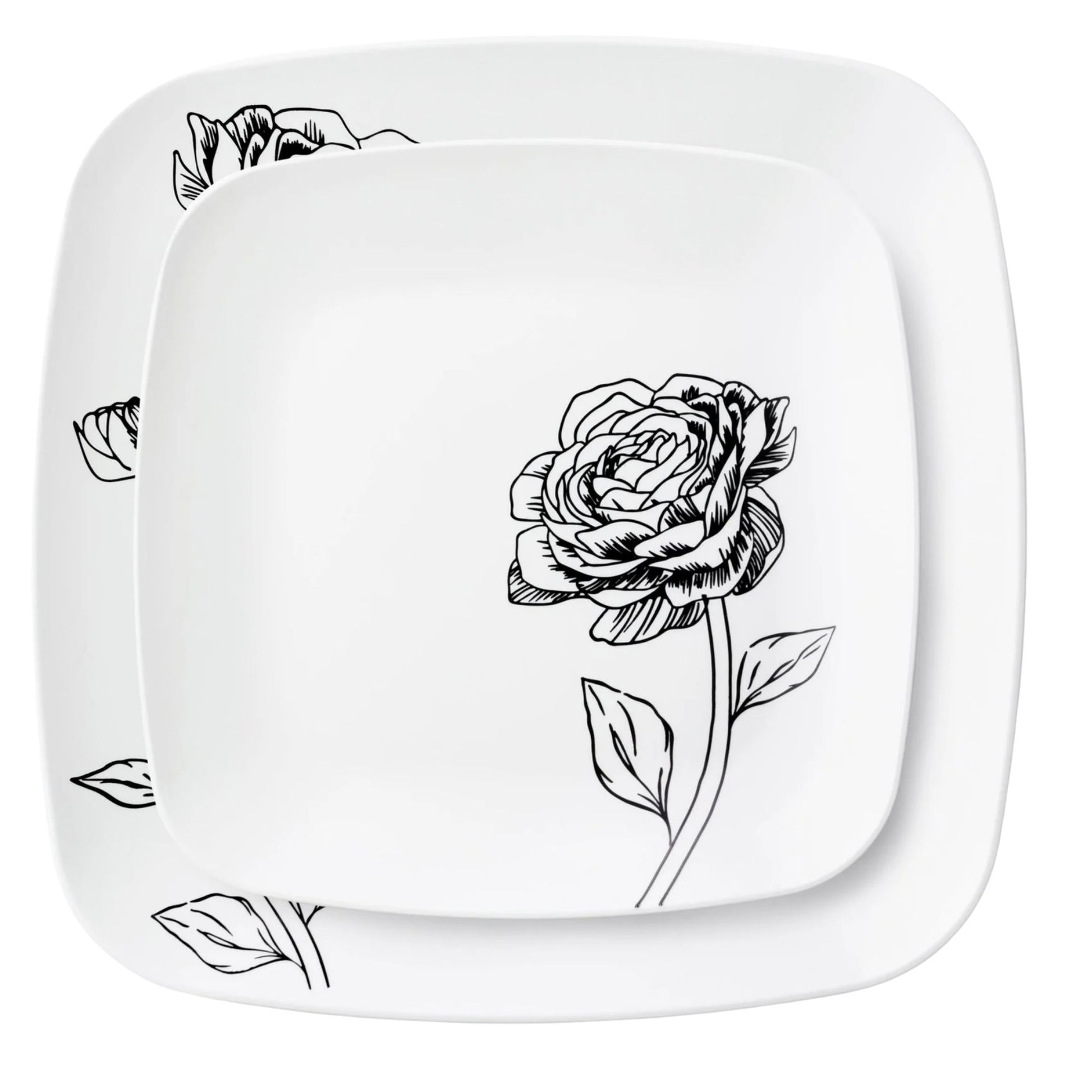 10.25"&7.25" White and Black Square Disposable Plastic Plates COMBO Set-Peony Combo Disposable Plates Decorline