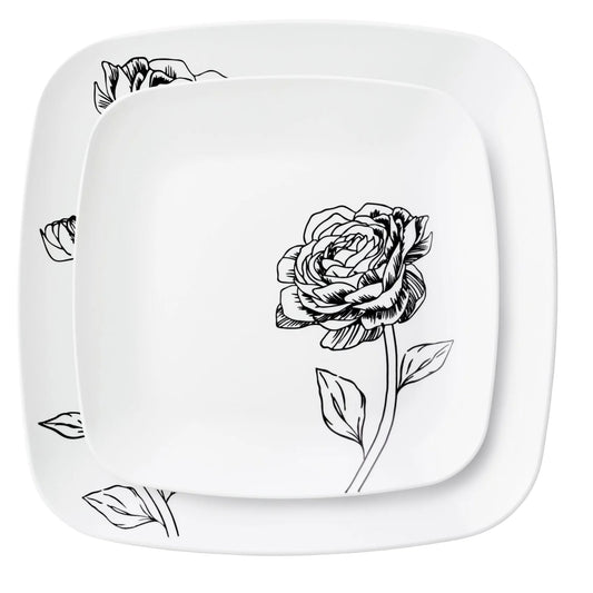 10.25"&7.25" White and Black Square Disposable Plastic Plates COMBO Set-Peony Combo Disposable Plates Decorline