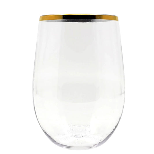 16 oz Gold Rim Stemless Plastic Wine Glasses Goblet Wine Goblets Decorline