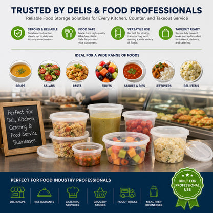 *WHOLESALE* 32oz Heavy Duty Plastic Disposable | Deli Containers with Lids Food Storage & Serving VeZee
