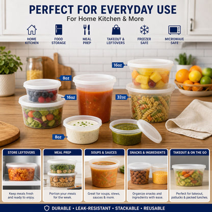 *WHOLESALE* 32oz Heavy Duty Plastic Disposable | Deli Containers with Lids Food Storage & Serving VeZee