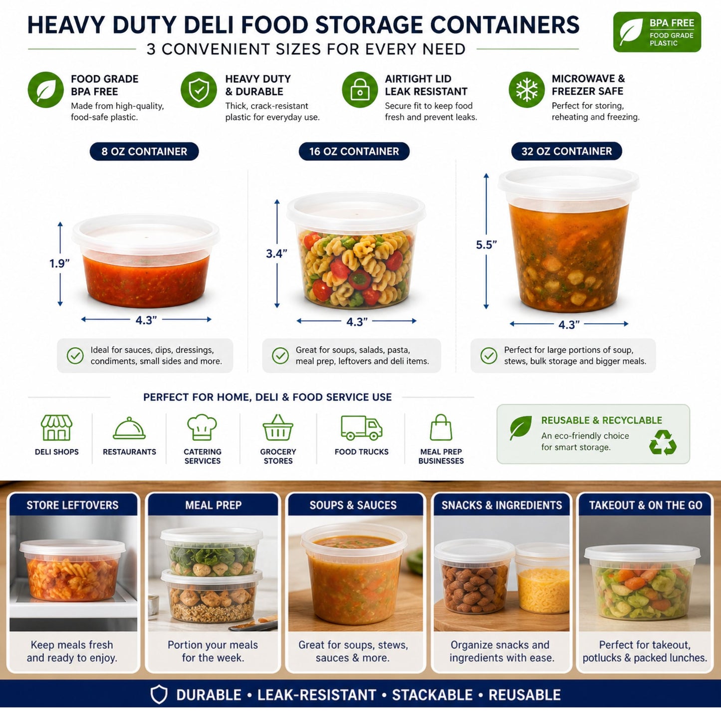 *WHOLESALE* 32oz Heavy Duty Plastic Disposable | Deli Containers with Lids Food Storage & Serving VeZee
