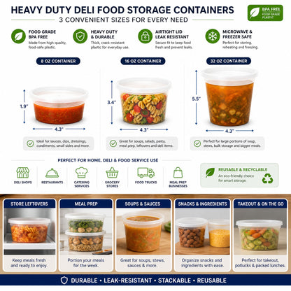 *WHOLESALE* 32oz Heavy Duty Plastic Disposable | Deli Containers with Lids Food Storage & Serving VeZee