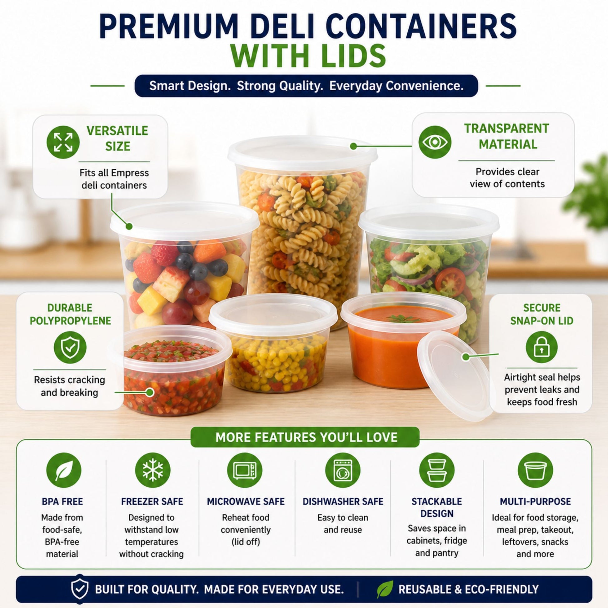 *WHOLESALE* 32oz Heavy Duty Plastic Disposable | Deli Containers with Lids Food Storage & Serving VeZee