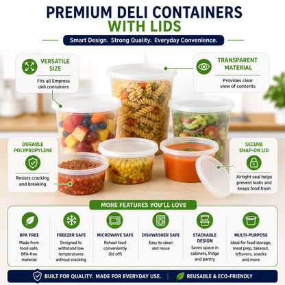 *WHOLESALE* 32oz Heavy Duty Plastic Disposable | Deli Containers with Lids Food Storage & Serving VeZee