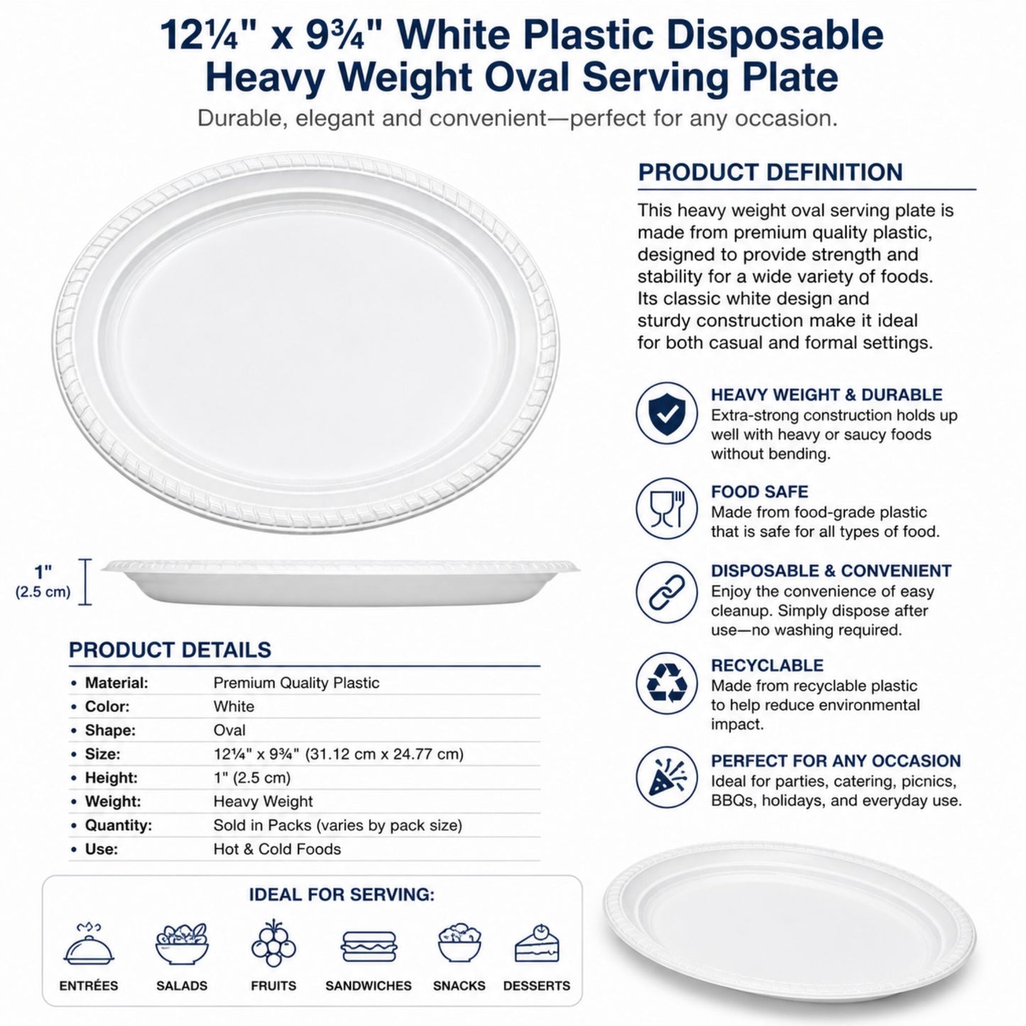 *JUMBO PACK* 12¼"x9¾" White Plastic Disposable Heavy Weight Oval Serving Plate Disposable Plates Hanna K
