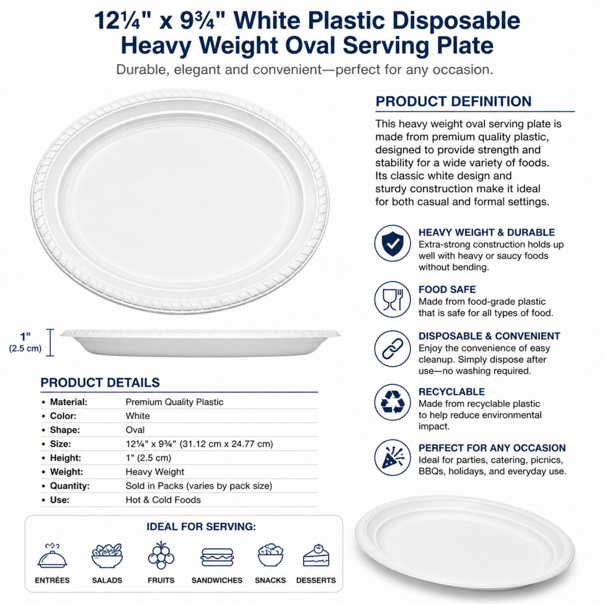 *JUMBO PACK* 12¼"x9¾" White Plastic Disposable Heavy Weight Oval Serving Plate Disposable Plates Hanna K