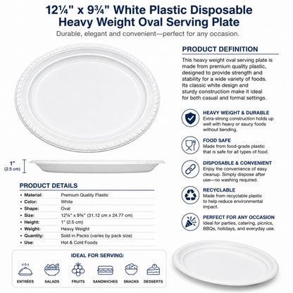 *JUMBO PACK* 12¼"x9¾" White Plastic Disposable Heavy Weight Oval Serving Plate Disposable Plates Hanna K