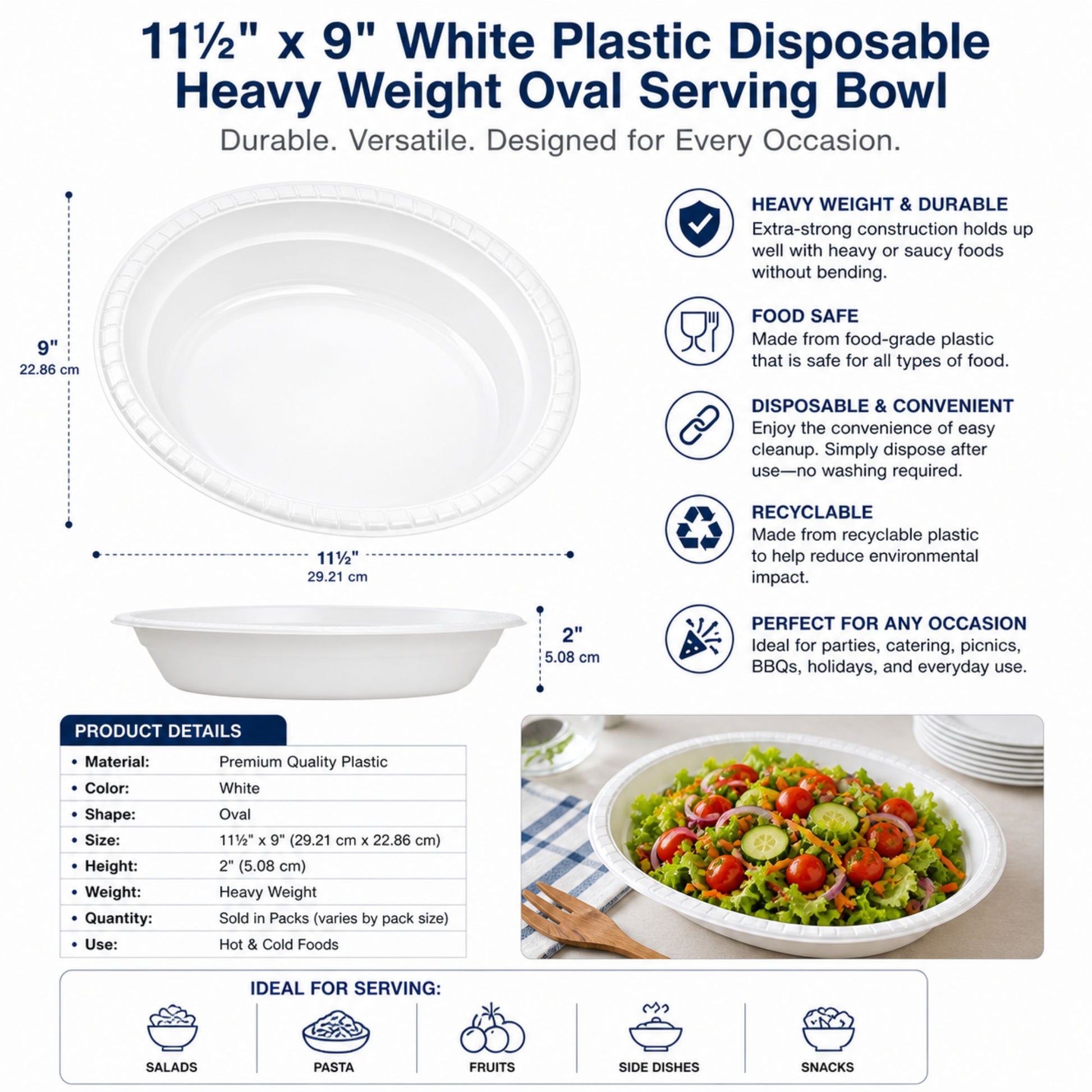 *JUMBO PACK* 11½"x9" White Plastic Disposable Heavy Weight Oval Serving Bowl Disposable Plates Hanna K