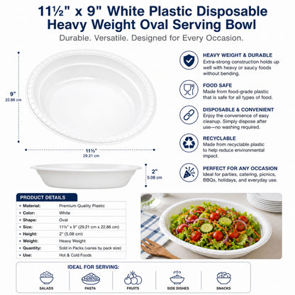 *JUMBO PACK* 11½"x9" White Plastic Disposable Heavy Weight Oval Serving Bowl Disposable Plates Hanna K