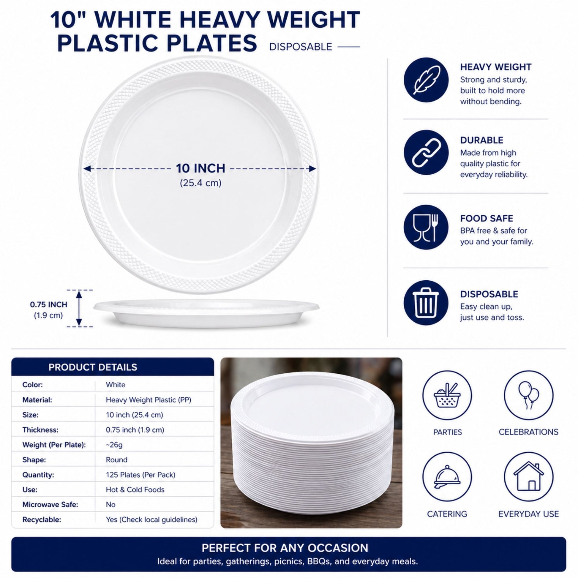 *BUY BULK* 10" Plates White Heavy Weight Plastic Disposable Disposable Plates Hanna K Signature