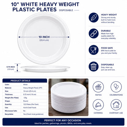 *BUY BULK* 10" Plates White Heavy Weight Plastic Disposable Disposable Plates Hanna K Signature