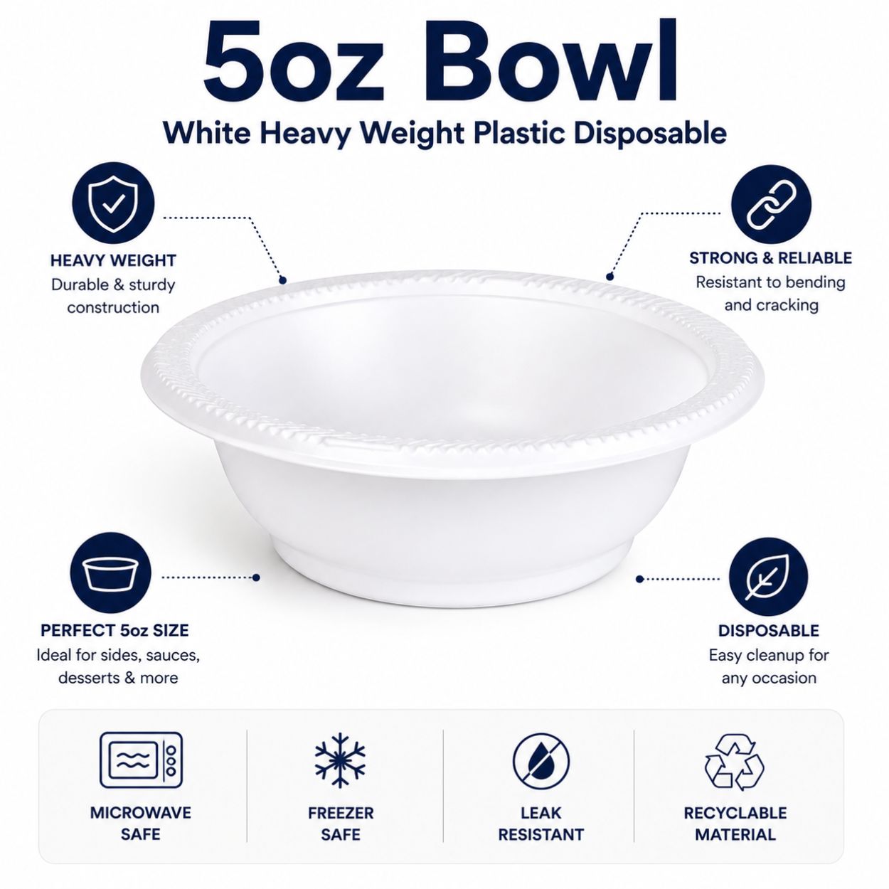 *BUY BULK* 5oz Bowl White Heavy Weight Plastic Disposable Bowls Hanna K