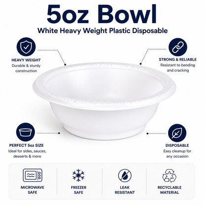 *BUY BULK* 5oz Bowl White Heavy Weight Plastic Disposable Bowls Hanna K