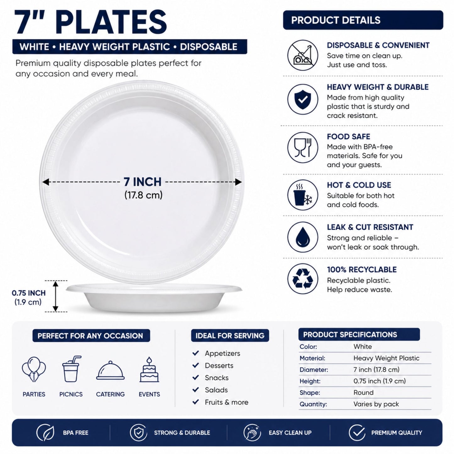 *BUY BULK* 7" Plates White Heavy weight Plastic Disposable Disposable Plates Hanna K Signature