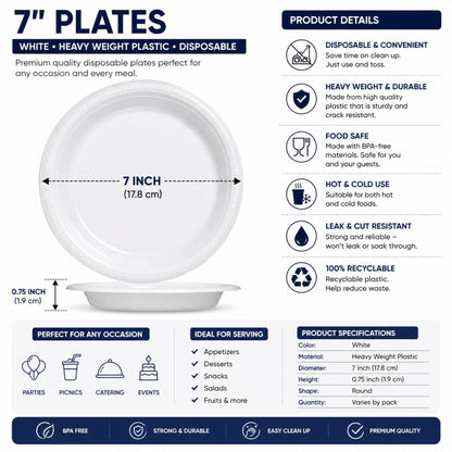 *BUY BULK* 7" Plates White Heavy weight Plastic Disposable Disposable Plates Hanna K Signature