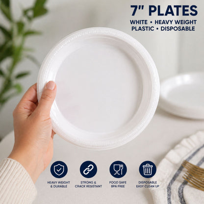 *BUY BULK* 7" Plates White Heavy weight Plastic Disposable Disposable Plates Hanna K Signature