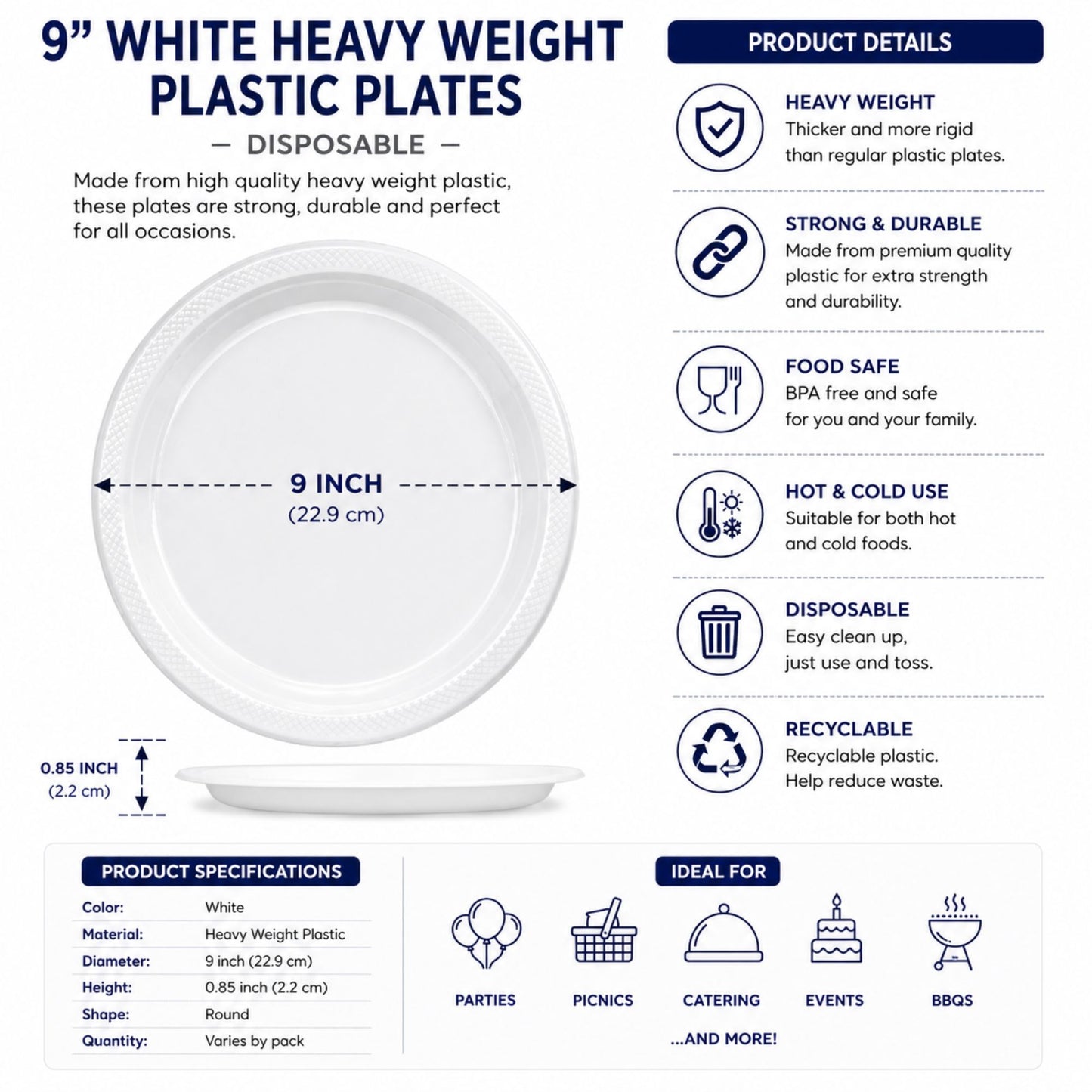 *BUY BULK* 9" White Heavy Weight plastic Plates Disposable Disposable Plates Hanna K Signature