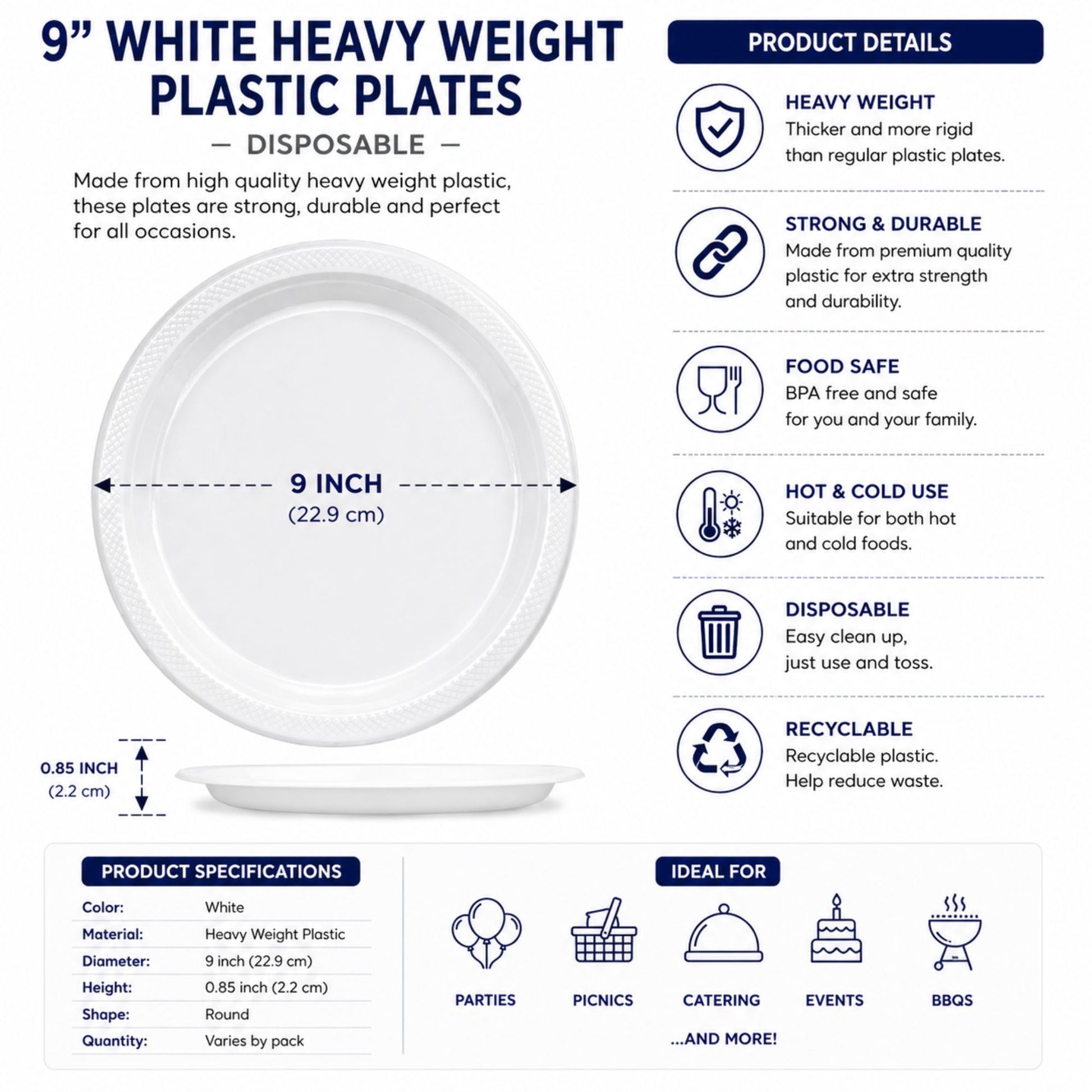 *BUY BULK* 9" White Heavy Weight plastic Plates Disposable Disposable Plates Hanna K Signature