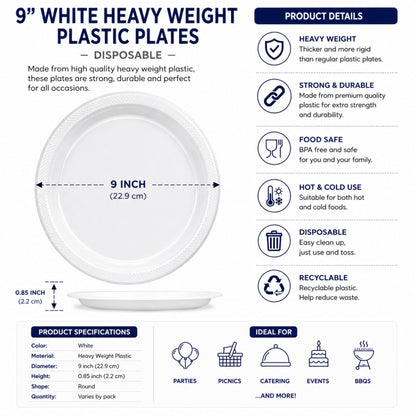 *BUY BULK* 9" White Heavy Weight plastic Plates Disposable Disposable Plates Hanna K Signature
