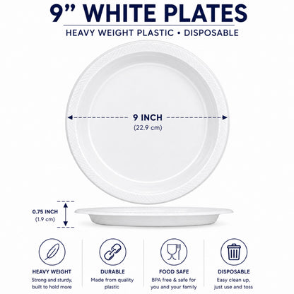 *BUY BULK* 9" White Heavy Weight plastic Plates Disposable Disposable Plates Hanna K Signature