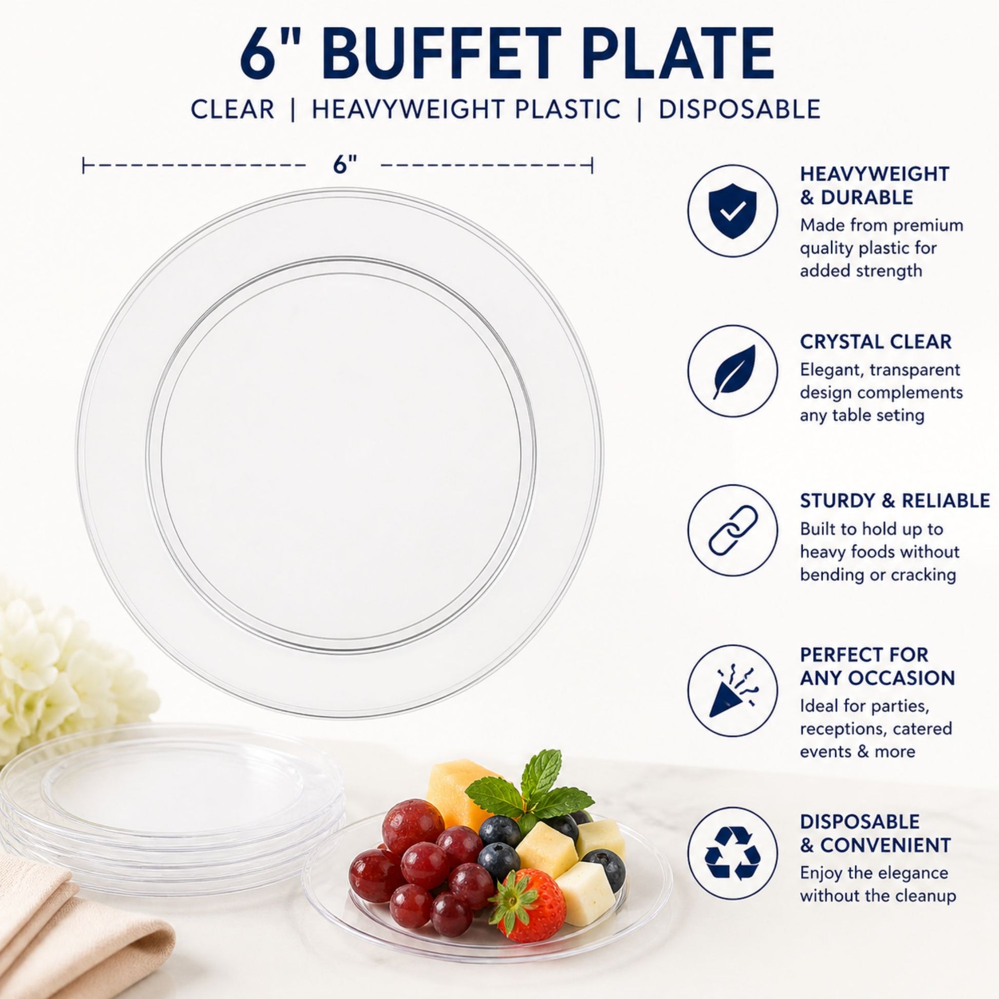 *JUMBO PACK*6" Buffet Plate Clear Heavyweight plastic Disposable Disposable Plates Hanna K Signature