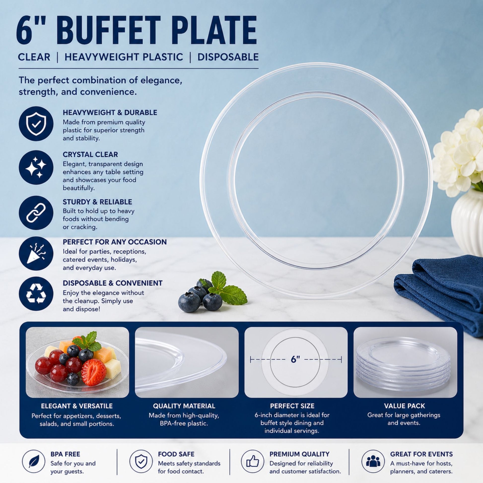 *JUMBO PACK* 9" Buffet Plate Clear Heavy Weight Plastic Disposable Plates Hanna K Signature